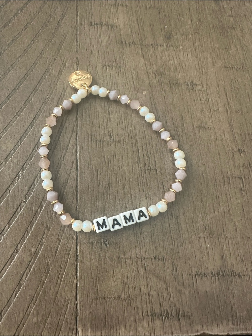 Mama Beaded Stretch Bracelet in Soft Pink and Cream